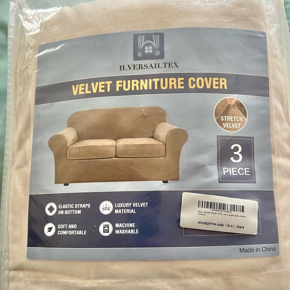 H. Versailtex Ivory Velvet 3 Piece Stretch Sofa Cover